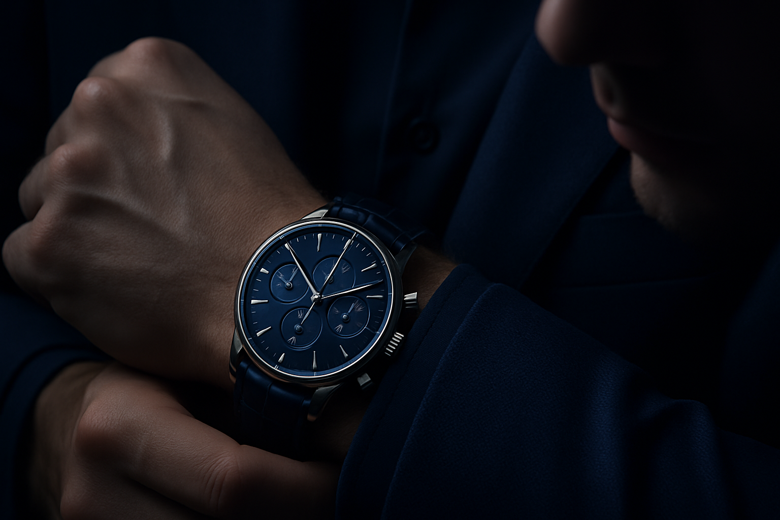 i want a image banner of a watch with dark color combo of blue with a model without face and without any sentencs